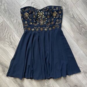 Strapless Beaded Navy Evening Dress  Size S holiday wedding prom fairy romantic